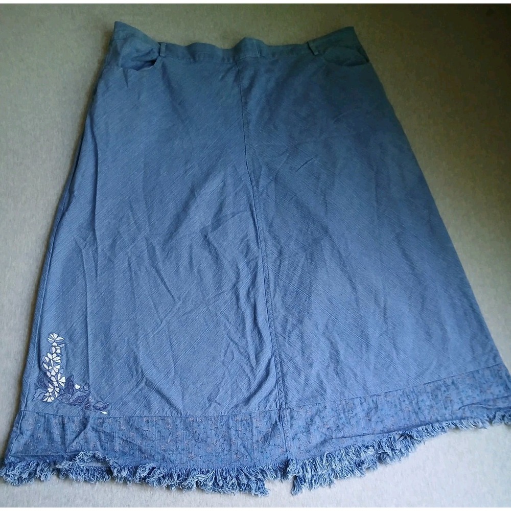 Denim Skirt 2x Midi Pull On Fringe Western Cowboy Bohemian Cottage Peasant VTG
